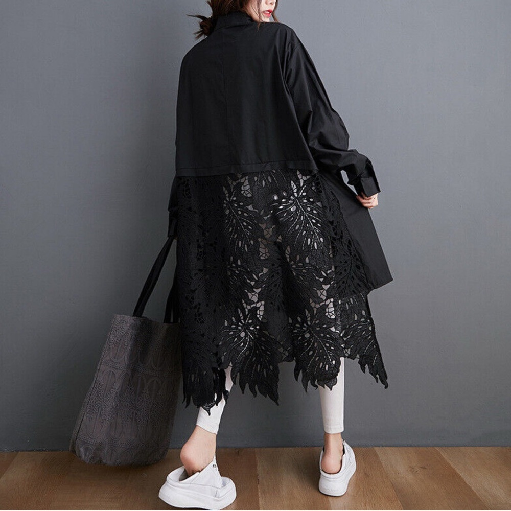 Womens Oversize Hollow Out Crochet Asymmetric Shirt Long Sleeves Casual Tops OS